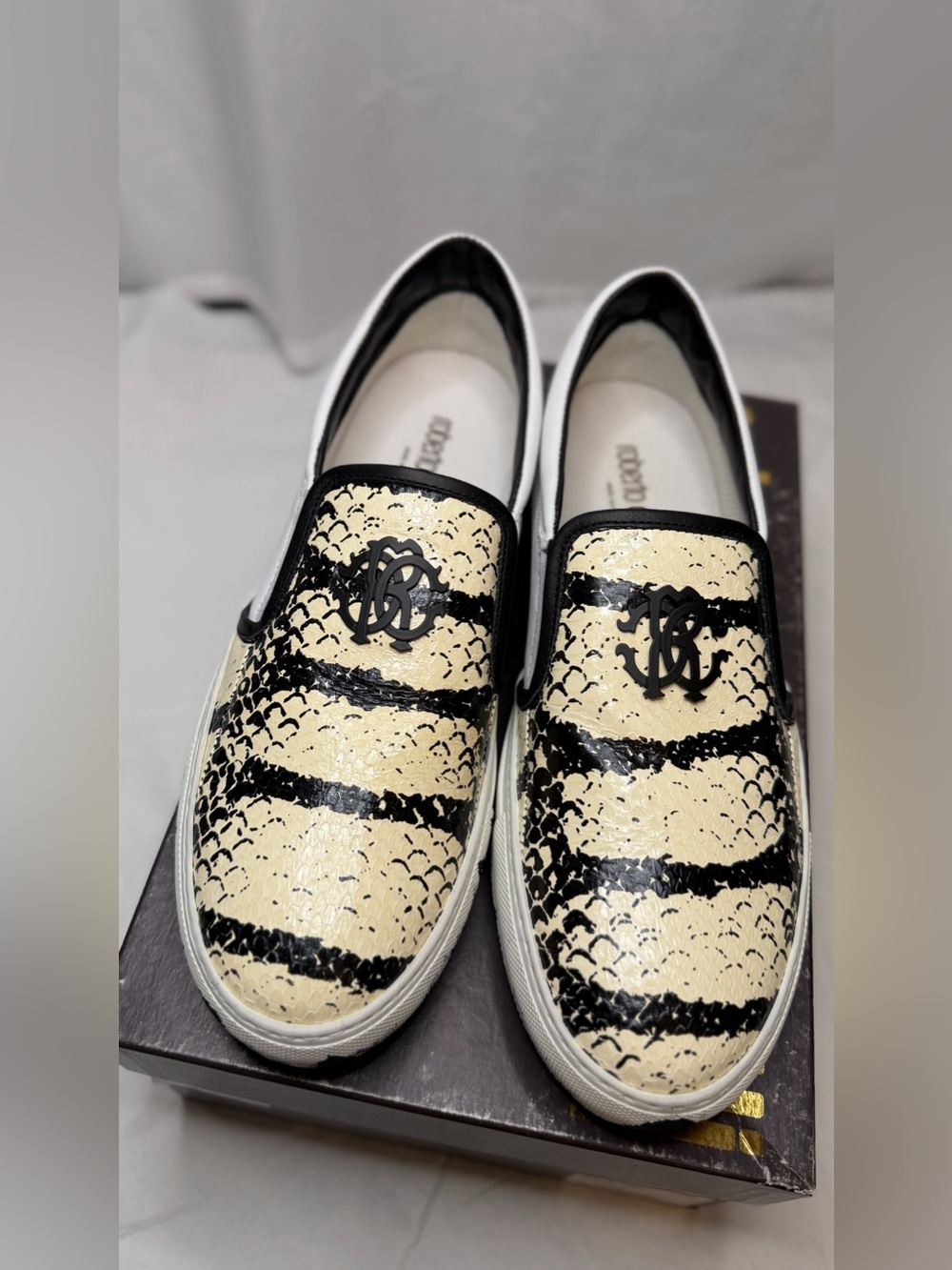 Roberto Cavalli Black and Cream Slip-On Sneakers